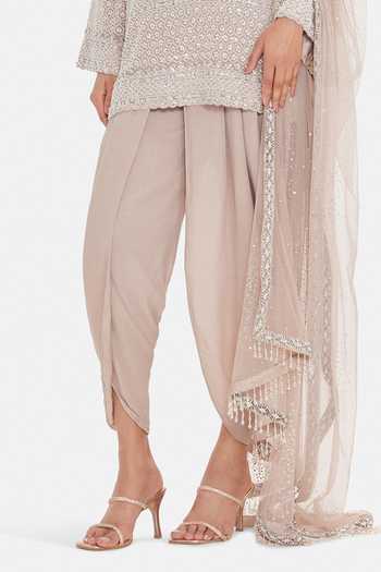 Buy_Basanti Kapde aur Koffee_Beige Georgette Sequins, Beads V-neck Crystal Kurta Set With Dhoti Pant _Online_at_Aza_Fashions