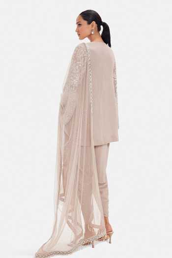 Basanti Kapde aur Koffee_Beige Georgette Sequins, Beads V-neck Crystal Kurta Set With Dhoti Pant _Online_at_Aza_Fashions