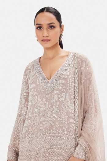 Shop_Basanti Kapde aur Koffee_Beige Georgette Sequins, Beads V-neck Crystal Kurta Set With Dhoti Pant _Online_at_Aza_Fashions