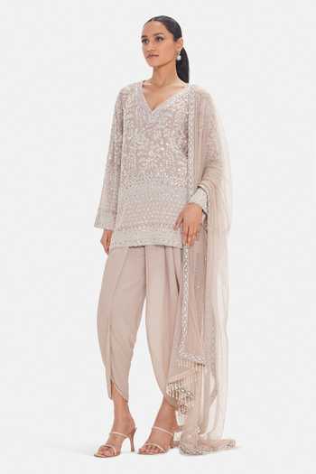 Basanti Kapde aur Koffee_Beige Georgette Sequins, Beads V-neck Crystal Kurta Set With Dhoti Pant _at_Aza_Fashions