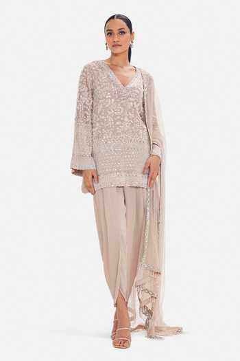Buy_Basanti Kapde aur Koffee_Beige Georgette Sequins, Beads V-neck Crystal Kurta Set With Dhoti Pant _at_Aza_Fashions