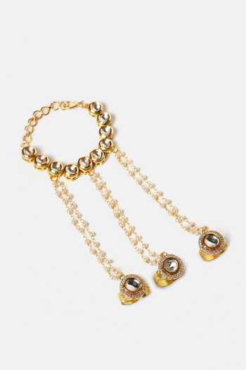 Ruby Raang_White Pearls, Stones Kundan Embellished Haathphool - Single Pc _Online_at_Aza_Fashions