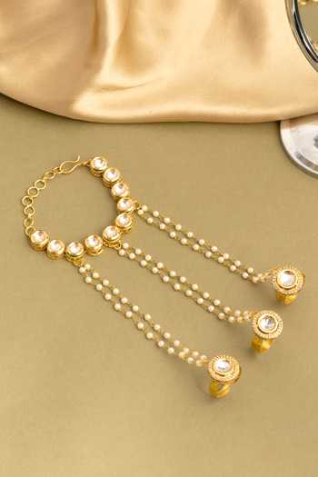 Shop_Ruby Raang_White Pearls, Stones Kundan Embellished Haathphool - Single Pc _at_Aza_Fashions