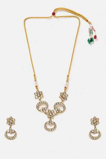 Shop_Ruby Raang_White Pearls, Stones Kundan Embellished Necklace Set _Online_at_Aza_Fashions