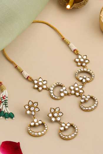 Shop_Ruby Raang_White Pearls, Stones Kundan Embellished Necklace Set _at_Aza_Fashions