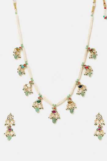 Buy_Ruby Raang_White Beads, Pearls, Stones Kundan Embellished Necklace Set _Online_at_Aza_Fashions