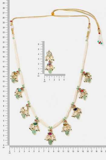 Ruby Raang_White Beads, Pearls, Stones Kundan Embellished Necklace Set _at_Aza_Fashions