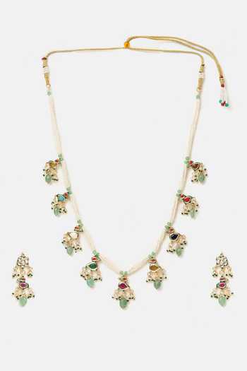 Buy_Ruby Raang_White Beads, Pearls, Stones Kundan Embellished Necklace Set 