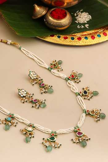 Shop_Ruby Raang_White Beads, Pearls, Stones Kundan Embellished Necklace Set _at_Aza_Fashions