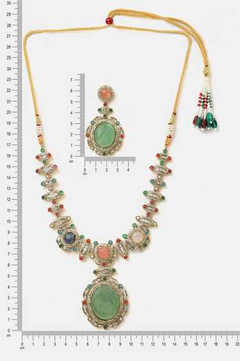 Shop_Ruby Raang_Green Beads, Pearls, Stones, Crystals Kundan Studded Pendant Necklace Set _Online_at_Aza_Fashions