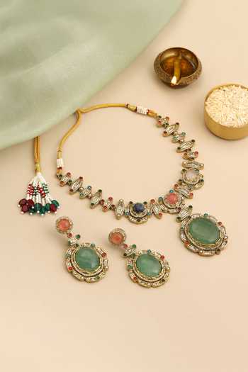 Shop_Ruby Raang_Green Beads, Pearls, Stones, Crystals Kundan Studded Pendant Necklace Set _at_Aza_Fashions
