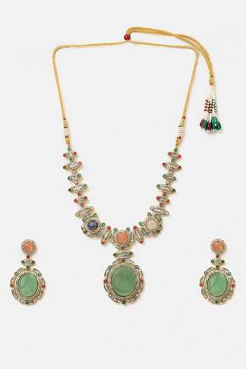Buy_Ruby Raang_Green Beads, Pearls, Stones, Crystals Kundan Studded Pendant Necklace Set 
