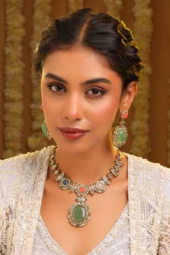 Buy_Ruby Raang_Green Beads, Pearls, Stones, Crystals Kundan Studded Pendant Necklace Set _at_Aza_Fashions