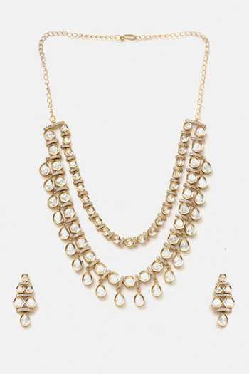 Shop_Ruby Raang_Gold Plated Pearls, Stones Layered Kundan Embellished Necklace Set _Online_at_Aza_Fashions