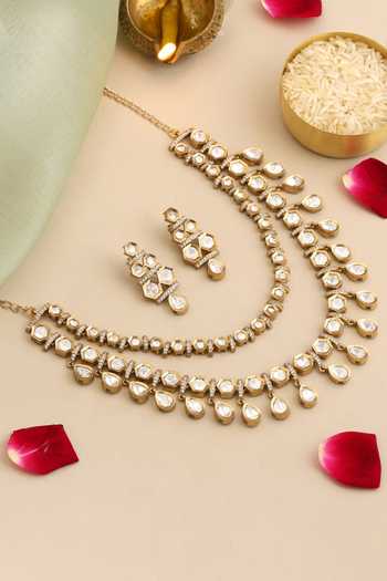 Shop_Ruby Raang_Gold Plated Pearls, Stones Layered Kundan Embellished Necklace Set _at_Aza_Fashions