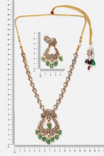 Shop_Ruby Raang_Gold Plated Pearls, Stones Kundan Embellished Pendant Necklace Set _Online_at_Aza_Fashions