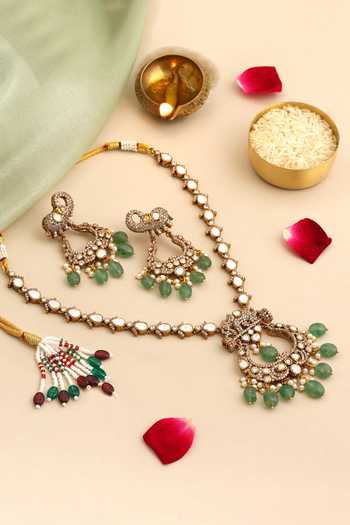 Shop_Ruby Raang_Gold Plated Pearls, Stones Kundan Embellished Pendant Necklace Set _at_Aza_Fashions