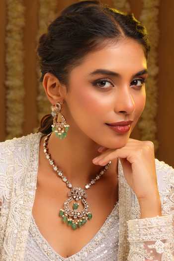 Buy_Ruby Raang_Gold Plated Pearls, Stones Kundan Embellished Pendant Necklace Set _at_Aza_Fashions