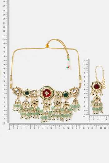 Shop_Ruby Raang_Gold Plated Beads, Pearls, Stones Kundan Embellished Choker Set _Online_at_Aza_Fashions