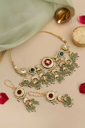 Shop_Ruby Raang_Gold Plated Beads, Pearls, Stones Kundan Embellished Choker Set _at_Aza_Fashions