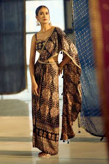 Shop_Samyukta Singhania_Black Satin, Viscose, Modal Embroidery Floral Print Pre-draped Saree With Blouse _at_Aza_Fashions