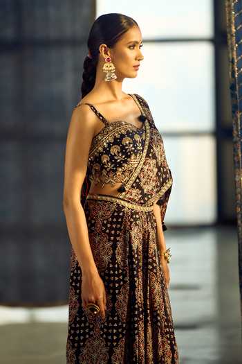 Samyukta Singhania_Black Satin, Viscose, Modal Embroidery Floral Print Pre-draped Saree With Blouse 