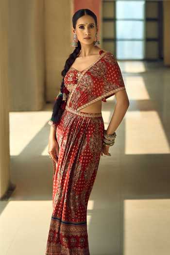 Samyukta Singhania_Maroon Satin, Viscose, Modal Zari, Geometric Print Pre-draped Saree With Blouse 
