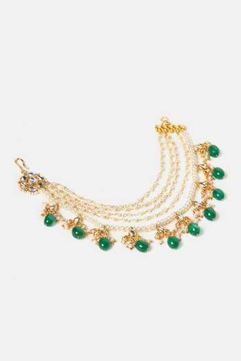 Ruby Raang_Gold Plated Kundan Pearl And Green Beads Pair Of Chains _Online_at_Aza_Fashions
