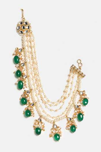 Shop_Ruby Raang_Gold Plated Kundan Pearl And Green Beads Pair Of Chains _Online_at_Aza_Fashions