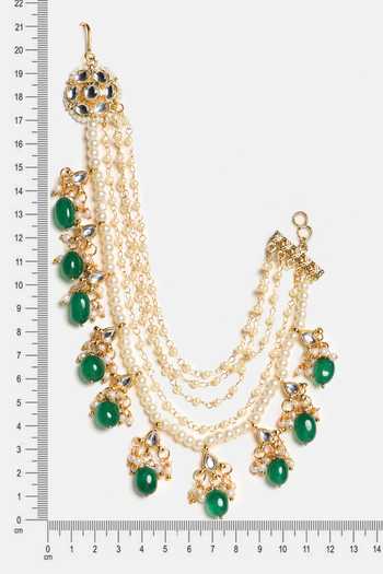 Ruby Raang_Gold Plated Kundan Pearl And Green Beads Pair Of Chains _at_Aza_Fashions