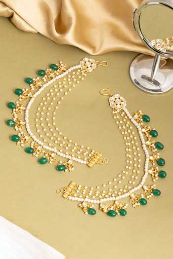 Shop_Ruby Raang_Gold Plated Kundan Pearl And Green Beads Pair Of Chains _at_Aza_Fashions