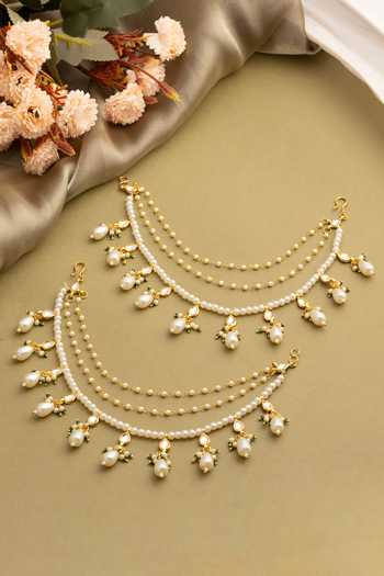 Shop_Ruby Raang_Gold Plated Handmade Kundan Pearl Pair Of Chains _at_Aza_Fashions