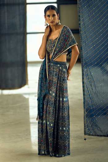 Samyukta Singhania_Blue Satin, Viscose, Modal Geometric Print Pre-draped Saree With Blouse 