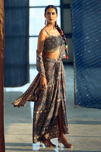 Shop_Samyukta Singhania_Multi Color Satin, Viscose, Modal Embellished Pre-draped Saree With Blouse _at_Aza_Fashions