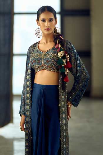 Samyukta Singhania_Blue Satin, Viscose, Modal Geometric Print Longline Jacket Dhoti Skirt Set 