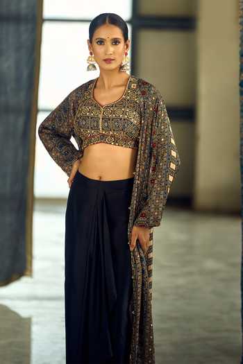 Samyukta Singhania_Multi Color Satin, Viscose, Modal Geometric Print Jacket Draped Skirt Set 