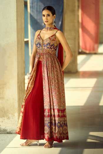 Shop_Samyukta Singhania_Maroon Satin, Viscose, Modal, Chinon Embroidery, Printed Kurta And Palazzo Set _at_Aza_Fashions