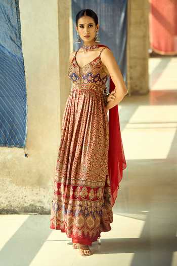 Samyukta Singhania_Maroon Satin, Viscose, Modal, Chinon Embroidery, Printed Kurta And Palazzo Set 
