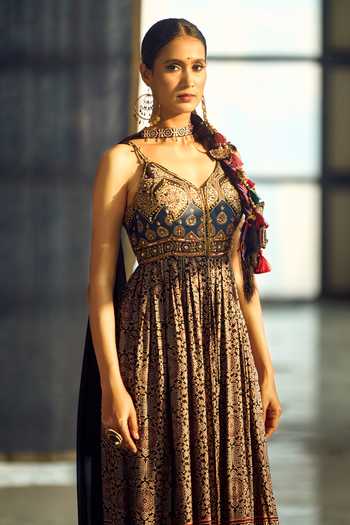 Samyukta Singhania_Black Satin, Viscose, Modal, Chinon Tassels, Floral Print Anarkali Palazzo Set 