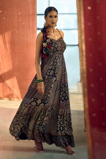 Samyukta Singhania_Blue Satin, Chiffon, Viscose, Modal Patchwork Printed Anarkali Palazzo Set 