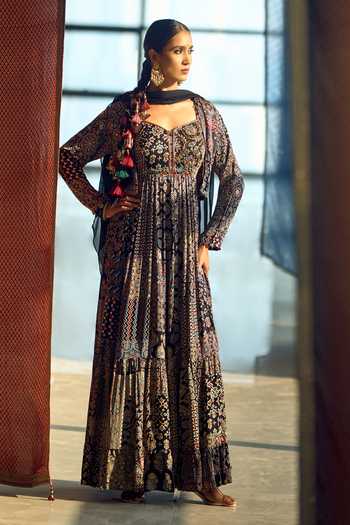 Samyukta Singhania_Blue Satin, Chiffon, Viscose, Modal Patchwork Printed Anarkali Palazzo Set 