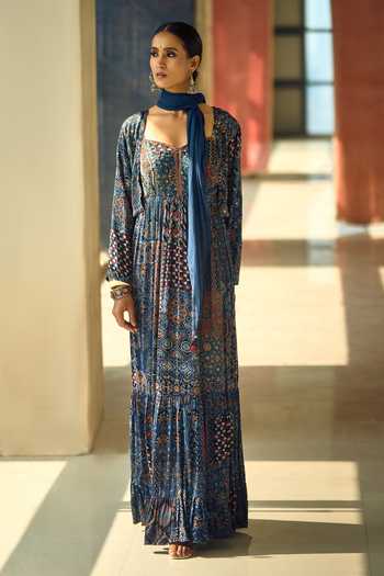 Shop_Samyukta Singhania_Black Satin, Chiffon, Viscose, Modal Geometric And Floral Print Anarkali Set _at_Aza_Fashions