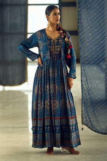Shop_Samyukta Singhania_Blue Satin, Chiffon, Viscose, Modal Tassels Floral Stripe Print Anarkali Set _at_Aza_Fashions