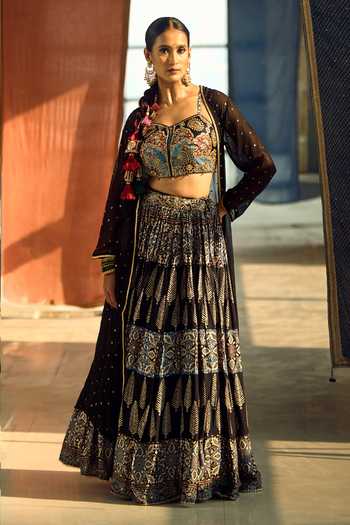 Shop_Samyukta Singhania_Black Satin, Viscose, Modal, Printed Satin-chinon Lehenga Set With Blouse _at_Aza_Fashions