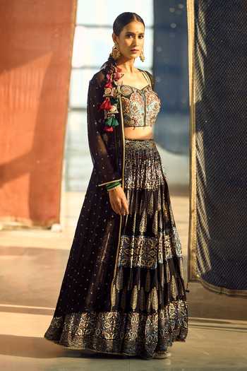 Samyukta Singhania_Black Satin, Viscose, Modal, Printed Satin-chinon Lehenga Set With Blouse 