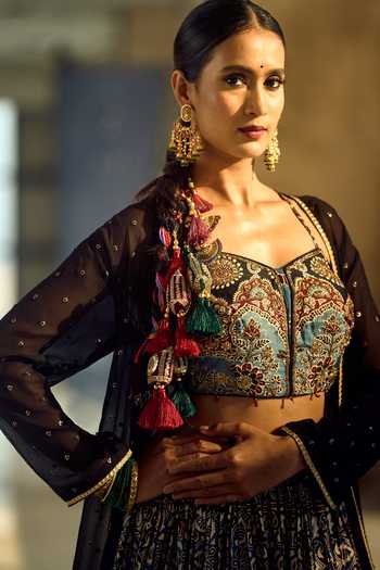 Samyukta Singhania_Black Satin, Viscose, Modal, Printed Satin-chinon Lehenga Set With Blouse 