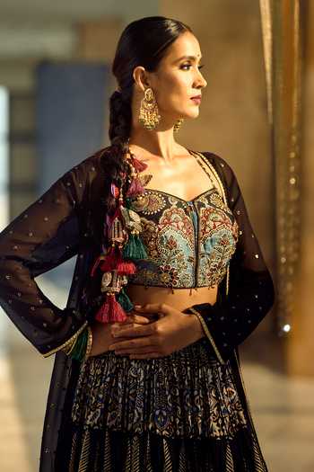 Samyukta Singhania_Black Satin, Viscose, Modal, Printed Satin-chinon Lehenga Set With Blouse 