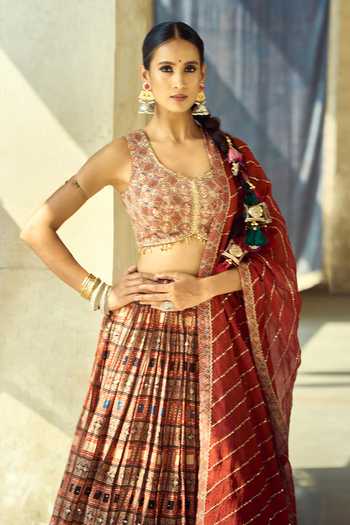 Shop_Samyukta Singhania_Maroon Organza, Satin, Viscose, Modal Tassels, Sequins Printed Lehenga Set _at_Aza_Fashions