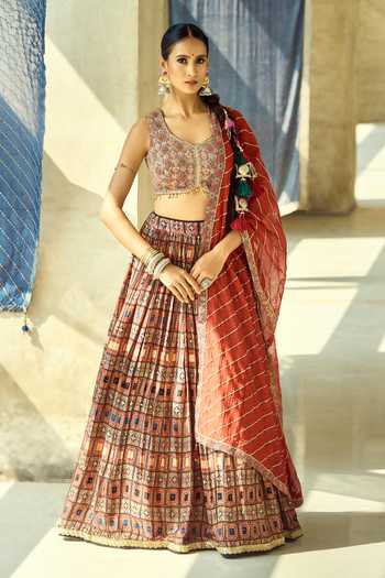 Samyukta Singhania_Maroon Organza, Satin, Viscose, Modal Tassels, Sequins Printed Lehenga Set 
