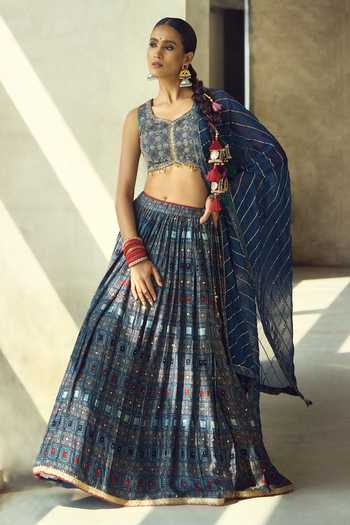 Samyukta Singhania_Blue Organza, Satin, Viscose, Modal Tassels Printed Lehenga Set With Dupatta 